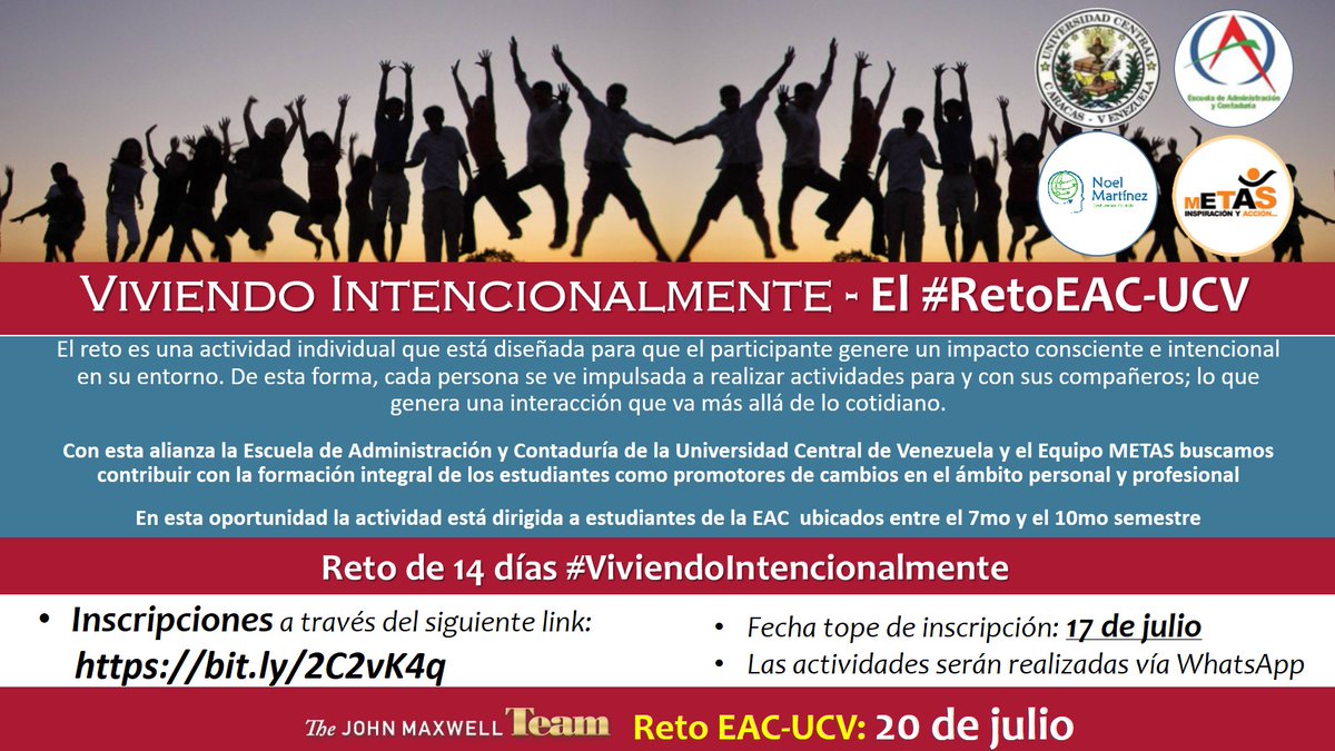 ¡PRÓRROGA! Les invitamos a participar en la formación en  #liderazgo #Reto Vivir Intencionalmente, dirigido especialmente a estudiantes de 7mo, 8vo, 9no y 10mo semestre de la #EAC #UCV <a href="/EquipoMetas/">Equipo Metas</a> <a href="/martinezbnoel/">Noel E Martinez</a> <a href="/UCV_Noticias/">UCV Noticias</a>

Inscripciones vía: bit.ly/2C2vK4q