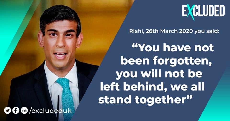 Excluded. Discriminated against. Left behind. Not even worthy of recognition or a decent reply. We HAVE been forgotten <a href="/RishiSunak/">Rishi Sunak</a>  but it doesn’t have to be this way. You still have time to help 3 million people. You can fix this. #ExcludedUKAPPG #ExcludedUK #ForgottenLtd