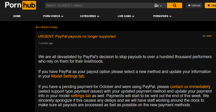 NCOSE's tweet photo. #DignityDefenseAlert

PayPal is no longer allowing their services on Pornhub's website.

Thank you, @PayPal, for prioritizing your users' safety and choosing to no longer help in propping up this industry of abuse and exploitation. https://t.co/VI7gt3CAub