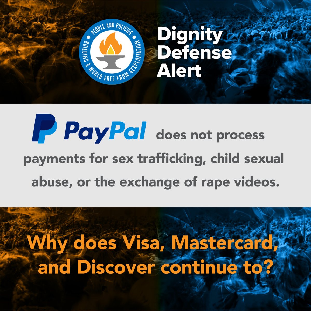 NCOSE's tweet photo. #DignityDefenseAlert

PayPal is no longer allowing their services on Pornhub's website.

Thank you, @PayPal, for prioritizing your users' safety and choosing to no longer help in propping up this industry of abuse and exploitation. https://t.co/VI7gt3CAub