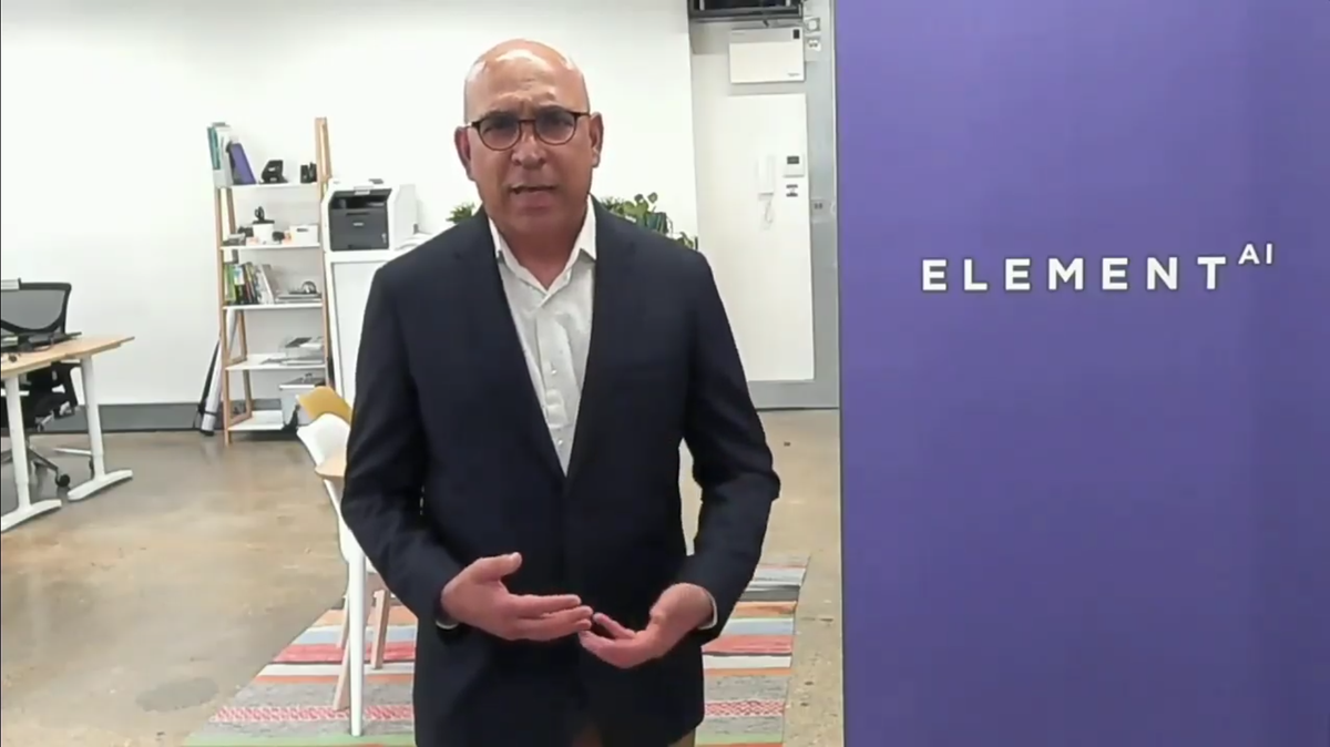 ItsJustAlexCoop's tweet photo. Anand Medepalli, Ph.D. head of solutions at Element AI is up next. #DTAwards. Element AI is based in Montreal and builds AI solutions for all kinds of customers. Stop looking at AI solutions the same way as other programmed solutions, he says. Predictability is often overlooked. https://t.co/7Tgn5lBNRu