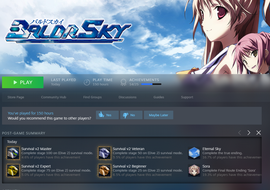 superange128's tweet photo. My overall thoughts on Baldr Sky is that it's good, but not great.
Generally the the VN got better is it went on route-wise, outside a couple.
150+hours jeez, though it includes Survival, Music, and H modes.
More thoughts in tweet chain below.
#BaldrAnge https://t.co/8ew6CrlfNH