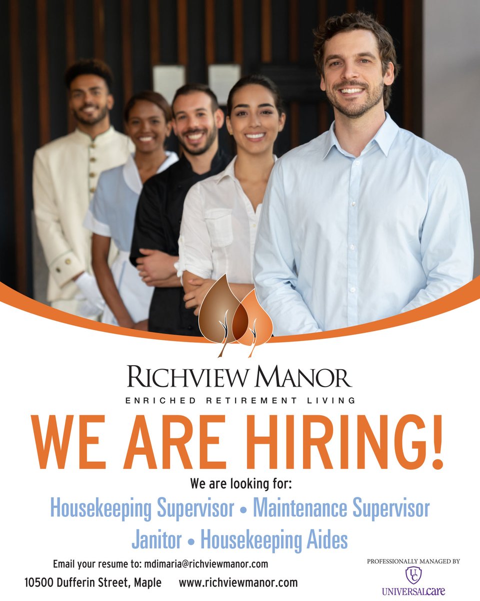 snapdVaughan's tweet photo. Richview manor is hiring! If you are looking to start a new job with a respected and well established company look no further. if you are interested in one of the positions that are opened feel free to email your resume to mdimaria@richviewmanor.com https://t.co/cmPD7gUedS