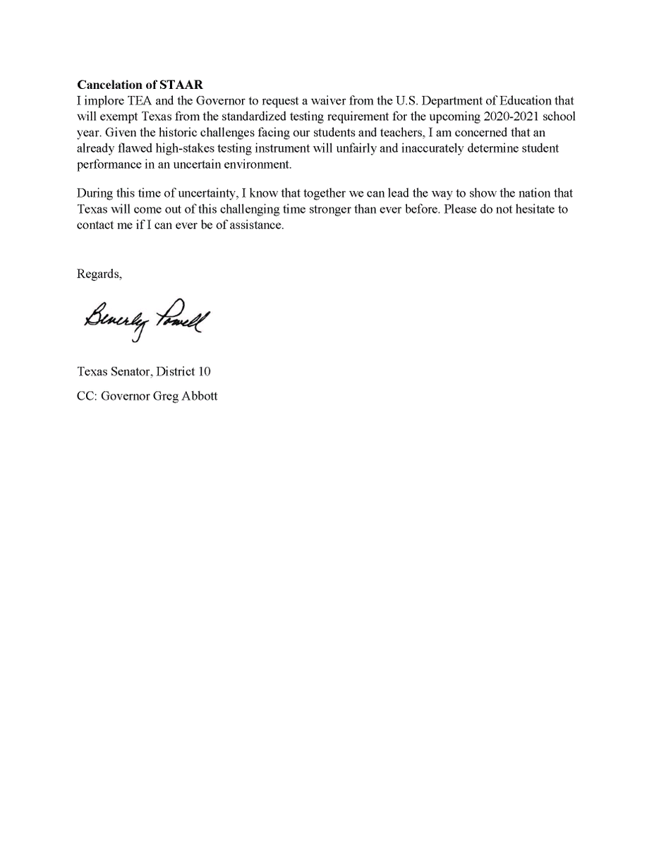 I sent a letter to Commissioner Morath urging him to set clear benchmarks for a safe return to school, prepare for the reality of remote learning, and cancel the STAAR tests. We cannot send Texas students &amp; teachers back to school amidst skyrocketing #COVID19 numbers.