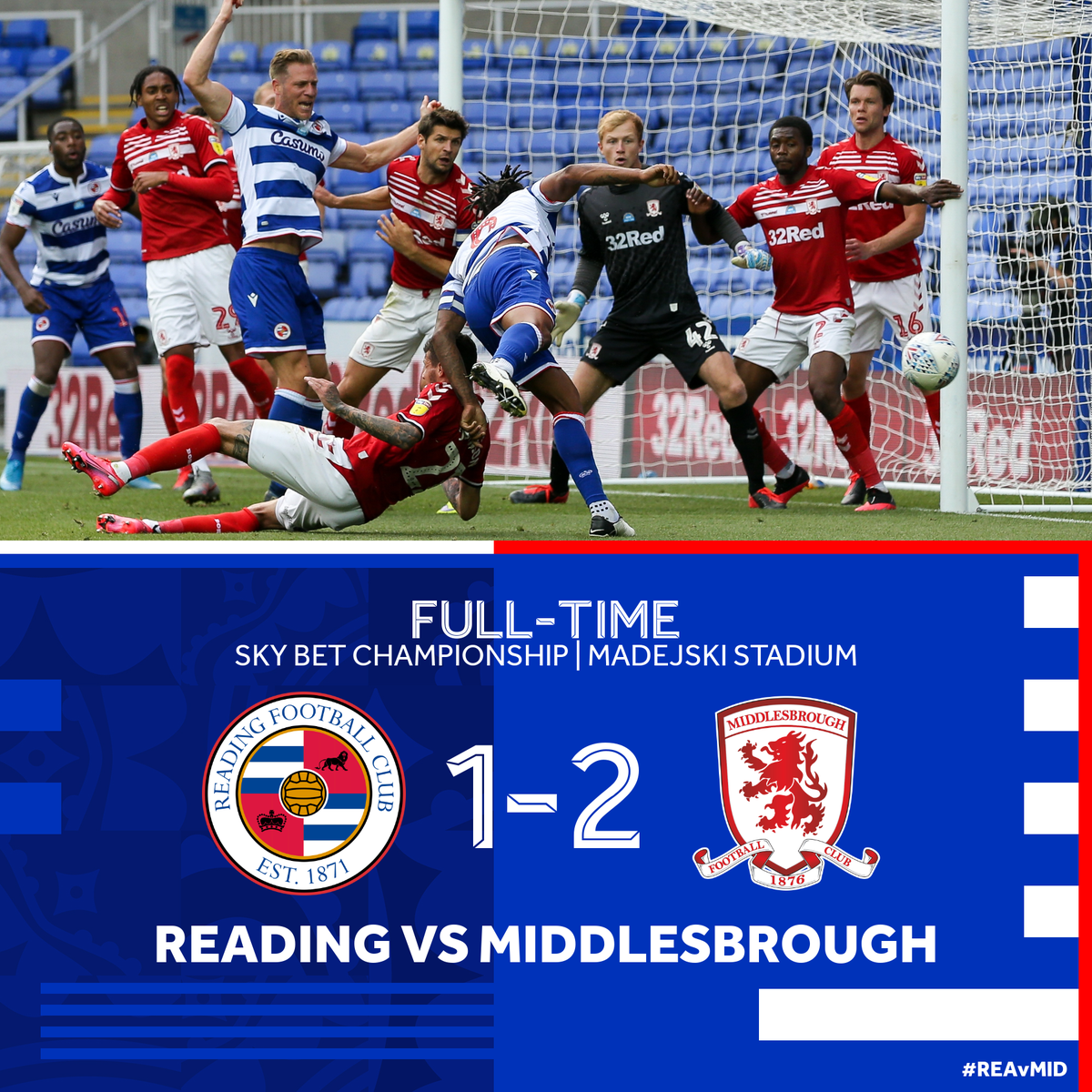 ReadingFC's tweet photo. FULL-TIME | Reading 1-2 Middlesbrough
Boro take the victory this evening as Roberts strikes the winner.
#REAvMID | 1-2 https://t.co/OQmFHUpuuF