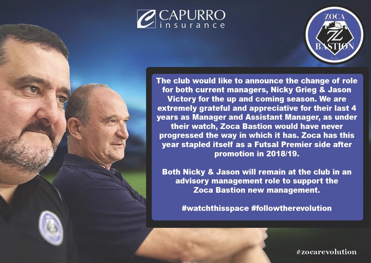 ZocaBastionFC's tweet photo. A big thank you to Nicky Grieg & Jason Victory for the last 4 Years as Zoca Bastion Manager & Assistant Manager. The club welcomes them in their new advisory role at the club.
#watchthisspace #followtherevolution #zocabastion #Gibraltar https://t.co/r3fofUpYMw
