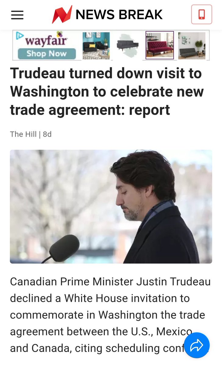 2) Trudeau declined the invitation to attend the recent meeting in DC with Trump and Mexican President, Andrés Manuel López Obrador, to celebrate the USMCA - the new free-trade agreement which replaces NAFTA. He had a phone call meeting a week later instead.