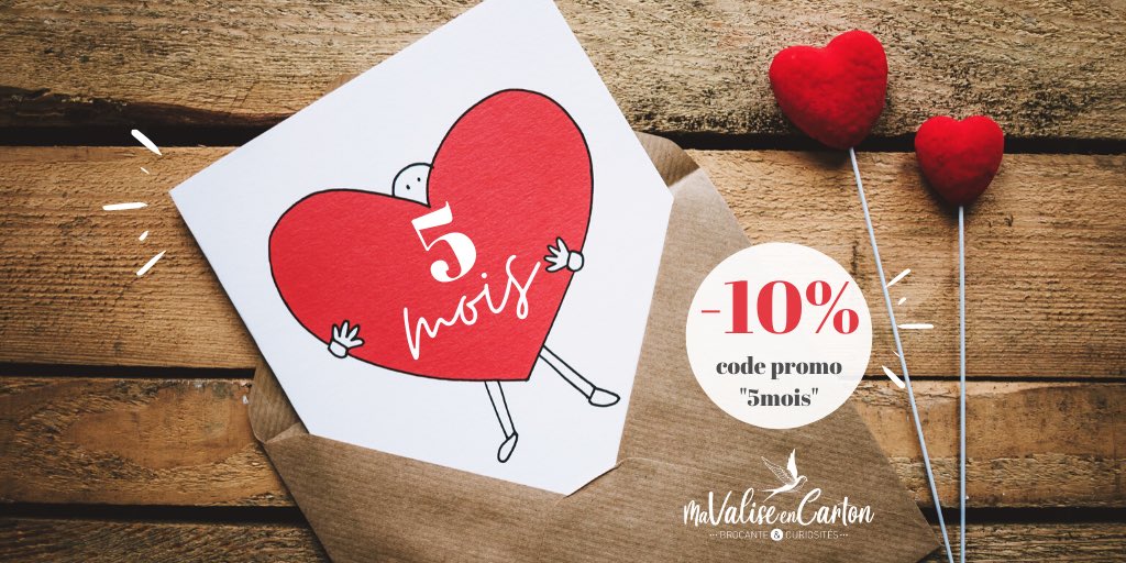 #14Juillet2020 ❤️ La brocante en ligne <a href="/mavalisencarton/">Mavaliseencarton</a> fête déjà ses 5️⃣ mois !

🤗 Alors pour vous remercier d’être toujours plus nombreux à suivre l’aventure, profitez de 10% de réduction sur votre commande du jour avec le code promo « 5mois » !

↪️ mavaliseencarton.com
