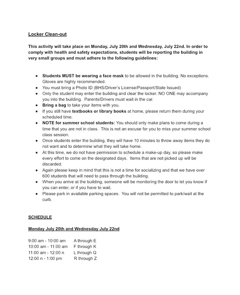 bowiehs2020's tweet photo. Hey class of 2020, here is information regarding the locker clean out! https://t.co/d5n87Wkw6Q