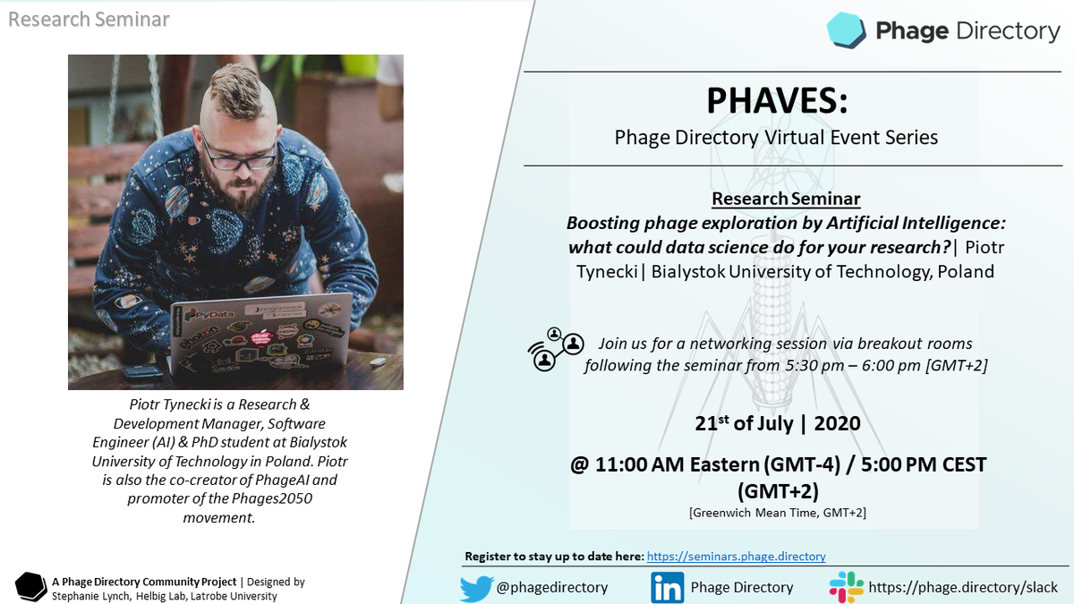 phagedirectory's tweet photo. Who's excited for #PHAVES 3? Tues, July 21 @ 5pm CEST, @ptynecki (creator of @phageai &amp; PhD student @ Bialystok Univ of Technology in Poland) will give a talk on boosting #phage research w/ #AI! Discussion &amp; mixer to follow! Register: https://t.co/nSQIDYWpJy @stephh_lynch https://t.co/uKhkfqUqJI