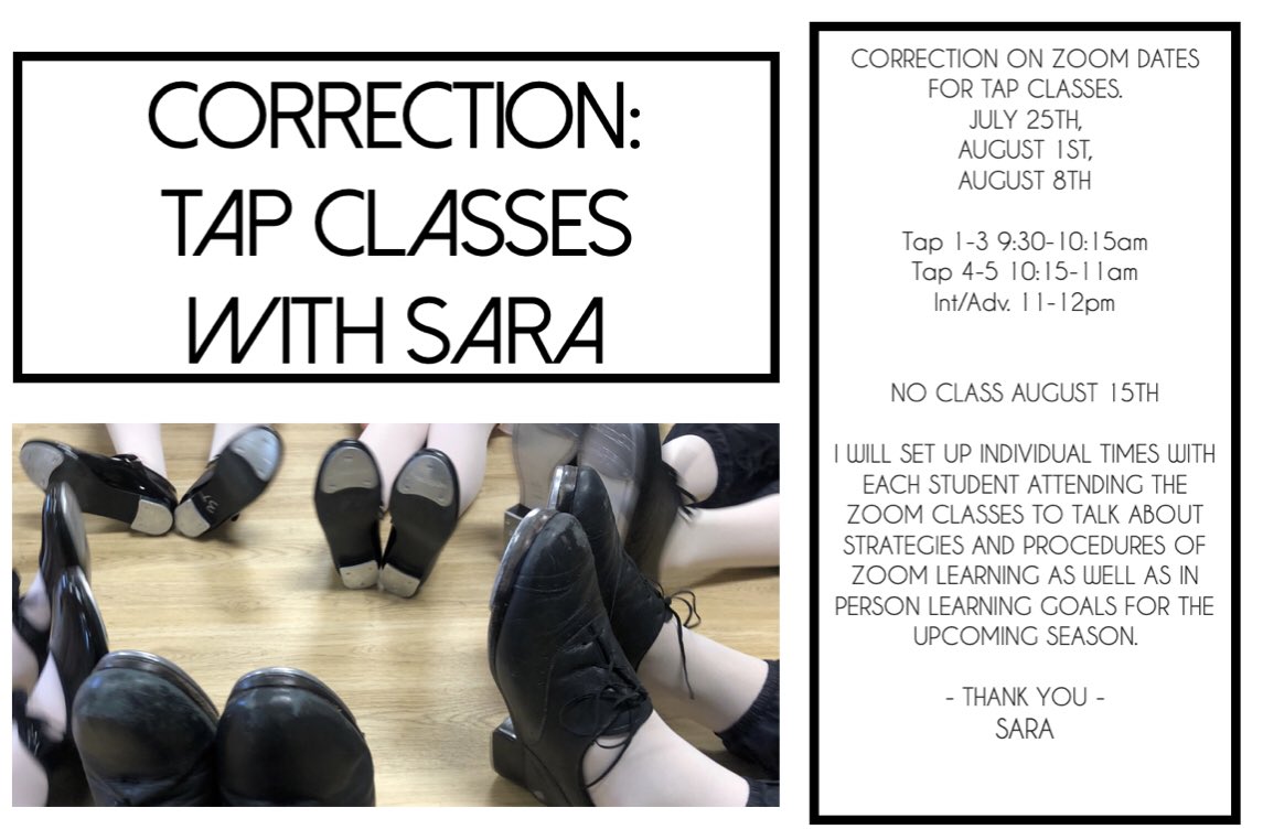 RandazzoDanceA2's tweet photo. Make sure to correct your calendar 🗓 as a slight change has been made to Sara’s ZOOM tap sessions! She will have a personal meeting with you. Check your email, Instagram and Facebook for more information! https://t.co/63VRhMSG5t