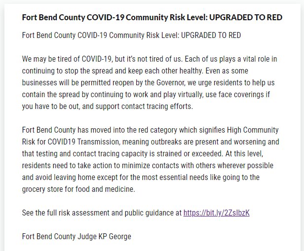 🔴 Fort Bend County COVID-19 Community Risk Level: UPGRADED TO RED. 🔴 

Just received this text—
