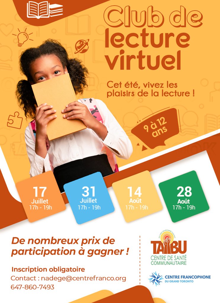 <a href="/TAIBU_CHC/">TAIBU Community Health Centre</a> <a href="/CentrefrancoT/">Centre francophone du Grand Toronto | CFGT</a> présentent un club de lecture estival  virtuel pour les jeunes de 9 à 12 ans <a href="/vendredi/">vendredi</a> 17 juillet au 28 août de 17h à 19h #Découvrir le plaisir de lire #Améliorer ses aptitudes en français #gagner des prix de présence <a href="/sergeincanada/">Serge PAUL</a>  <a href="/adomukam/">Adolphine M.</a> <a href="/Entite4/">Entité 4</a>