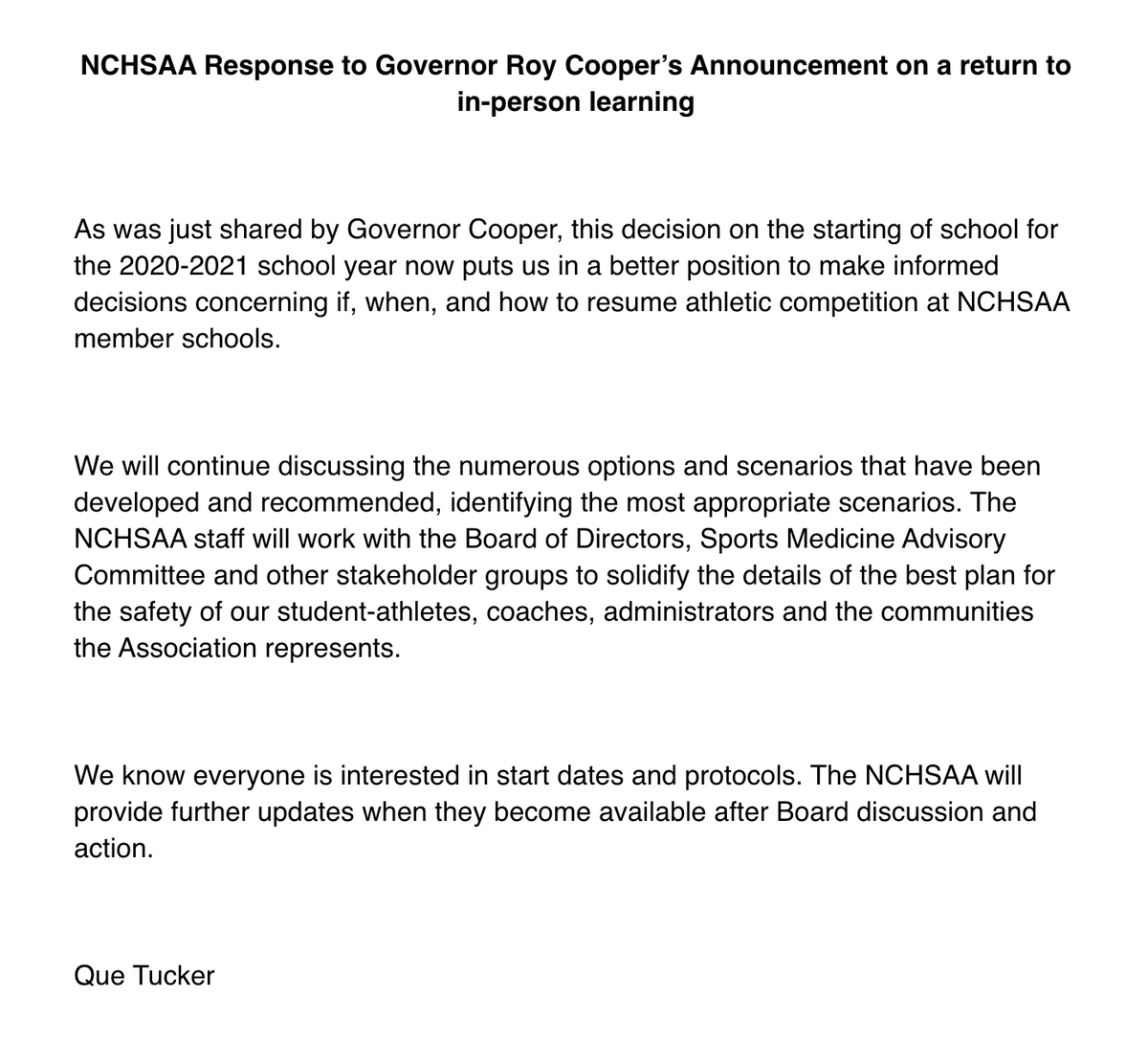 NickStevensHS's tweet photo. NCHSAA Commissioner Que Tucker just sent this statement to the membership re: Gov. Cooper's announcement.

More work to be done behind the scenes. #HSOT https://t.co/9Pz2jzkulI