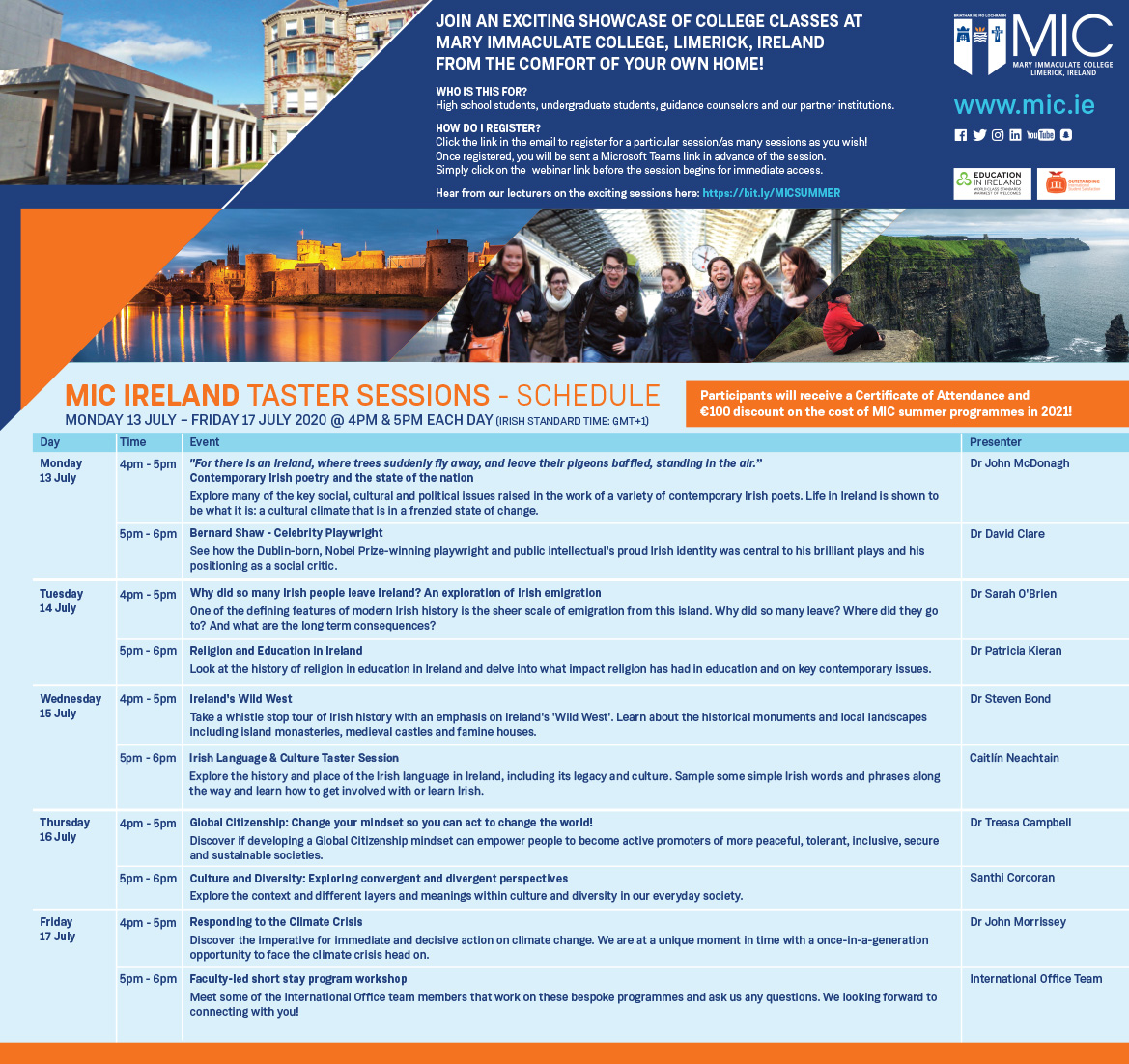 Únete a la emocionante muestra de clases universitarias en <a href="/MICLimerick/">Mary Immaculate College (MIC)</a> 🇮🇪 ¡Desde tu casa!
Podrás recibir un certificado y un descuento de €100 en tu aplicación a los Summer Programmes 2021!
Conoce las clases y regístrate aquí👉bit.ly/MICSUMMER 
<a href="/EduIreland/">Education in Ireland</a> <a href="/Education_Ire/">Department of Education and Youth</a>