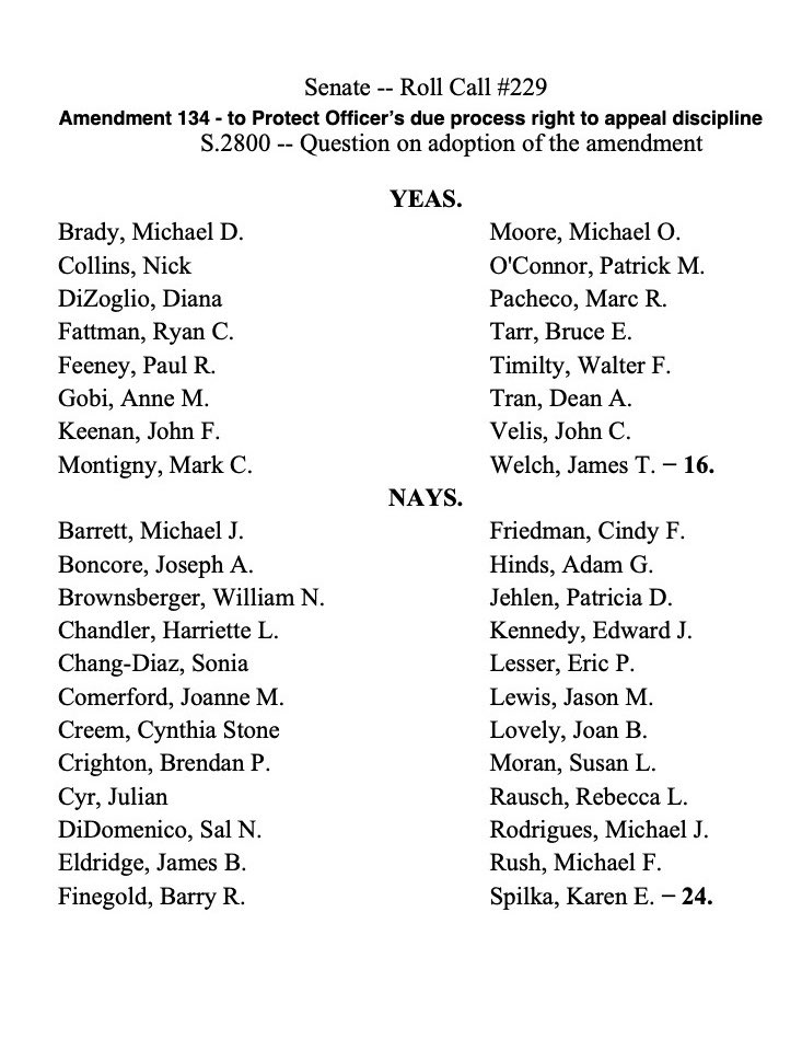 To those members of @MA_Senate who stood by us and supported key amendments like #134 which called for the preservation and protection of basic legal rights like Due Process, we say, “Thank you for your support. The significance of your ‘YEA’ vote is not lost on our members.”