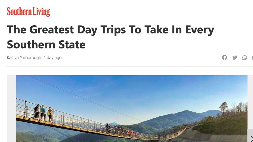Gatlinburg made the list! "The Greatest Day Trips To Take In Every Southern State." bit.ly/38XKVrV <a href="/MSN/">MSN</a> <a href="/Southern_Living/">Southern Living</a>
