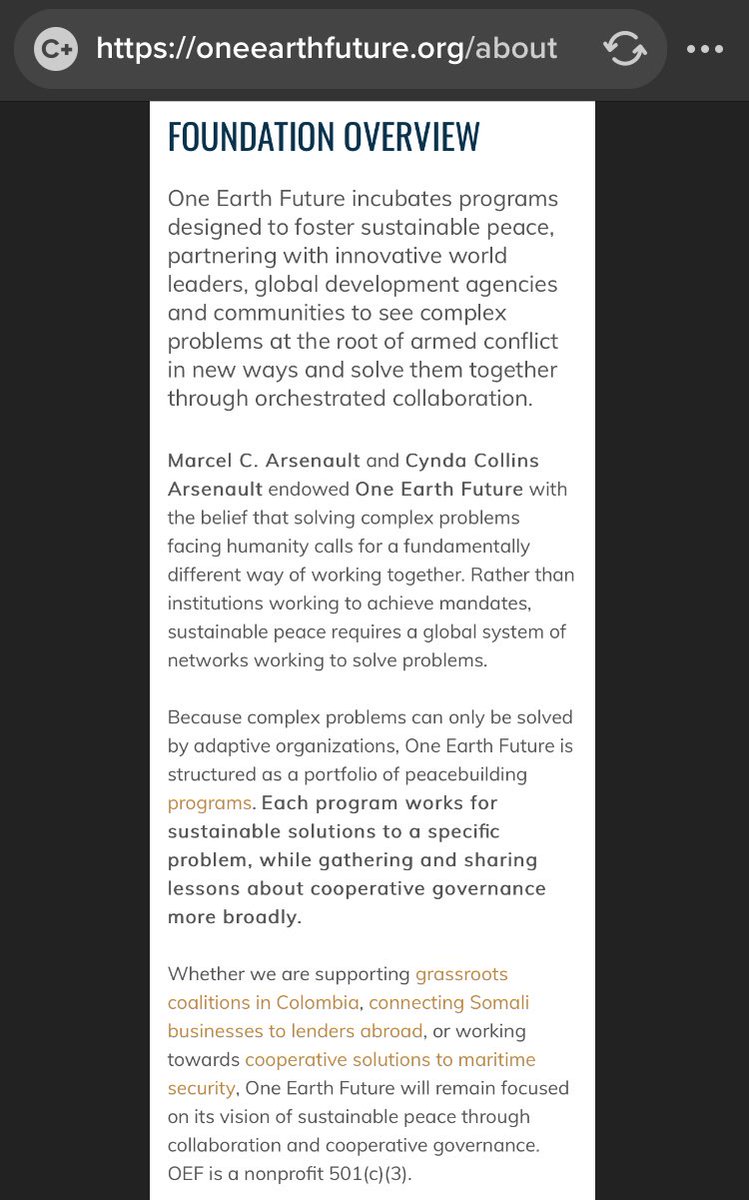 51/ MARCEL ARSENAULTCEO Real Capital SolutionsConnected to 104 co’sMA & wife Cynda Collins Arsenault founded OneWorldFuture Charity- focuses on global grassroots orgs & funding, maritime securityAll the hallmarks of a Clinton Foundation-type scamHussein cnxns