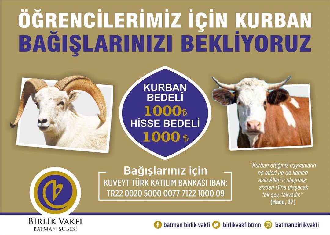 Değerli Gönüldaşlarımız, öğrenci yurdumuzda kalan öğrencilerimiz için kullanılmak üzere başlattığımız
"KURBAN ve PAY BAĞIŞI"na desteklerinizi bekliyoruz.