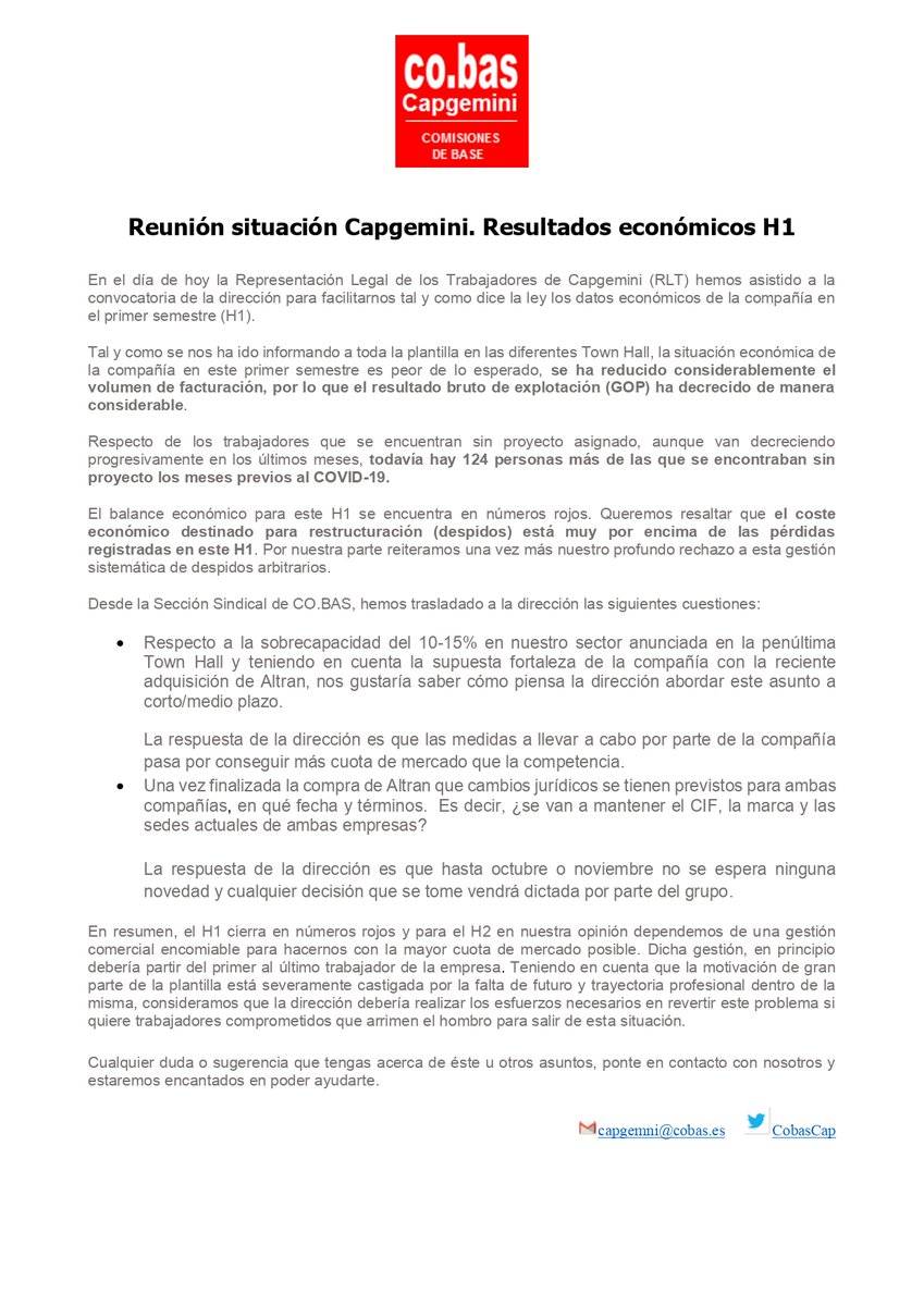 COMUNICADO: Reunión situación <a href="/Capgemini_ES/">capgemini_es</a>. Resultados económicos H1 <a href="/CobasTIC/">Co.bas TIC</a>  
<a href="/CoBas_MADRID/">Co.Bas MADRID</a> @cobas_ <a href="/CobasAltran/">cobas.altran.madrid</a> <a href="/cobasindraorg/">co.bas en Indra</a>
<a href="/Capgemini/">Capgemini</a>