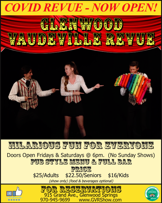 VaudevilleRevue's tweet photo. The Vaudeville is now open. Since laughter is the best medicine, come check out our hilarious "Covid Revue Show"! We can only seat 50 people/show so make your reservations early! https://t.co/vtVC2bzeyo or 970-945-9699! https://t.co/UYKsfz9yQa