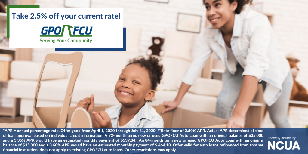 GPOFederalCU's tweet photo. Through July 31, 2020, bring us your new or used Auto Loan financed with another financial institution & we'll take 2.5% APR* off your current rate!** 🚙 💨 💨 💨
Apply online: https://t.co/saDN9m2ZNb
#DCCars #DCCarsForSale #DC #DMVCars #WashingtonDC #DMVCarsForSale https://t.co/CyeDueDB7P