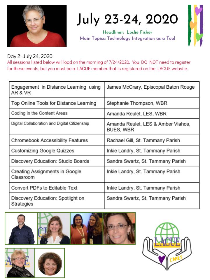Registration is now open for the July 23rd - 24th #LACUECares event.  Go to lacue.org to register.  Registration will close at 5:00 pm on 7/22/20.  #WeAreLACUE <a href="/lesliefisher/">Leslie Fisher</a>  <a href="/Drtamssen/">Dr. Tammy Seneca</a> <a href="/educatoralex/">Dr. Desiree Alexander of Educator Alexander</a> <a href="/TallTechyTeach/">Heather White</a> <a href="/abmack33/">Amanda Jones: Defender of Libraries & Wonder</a> <a href="/jamesmccrary/">James McCrary, M.Ed</a> <a href="/millerjosh154/">Josh Miller</a>