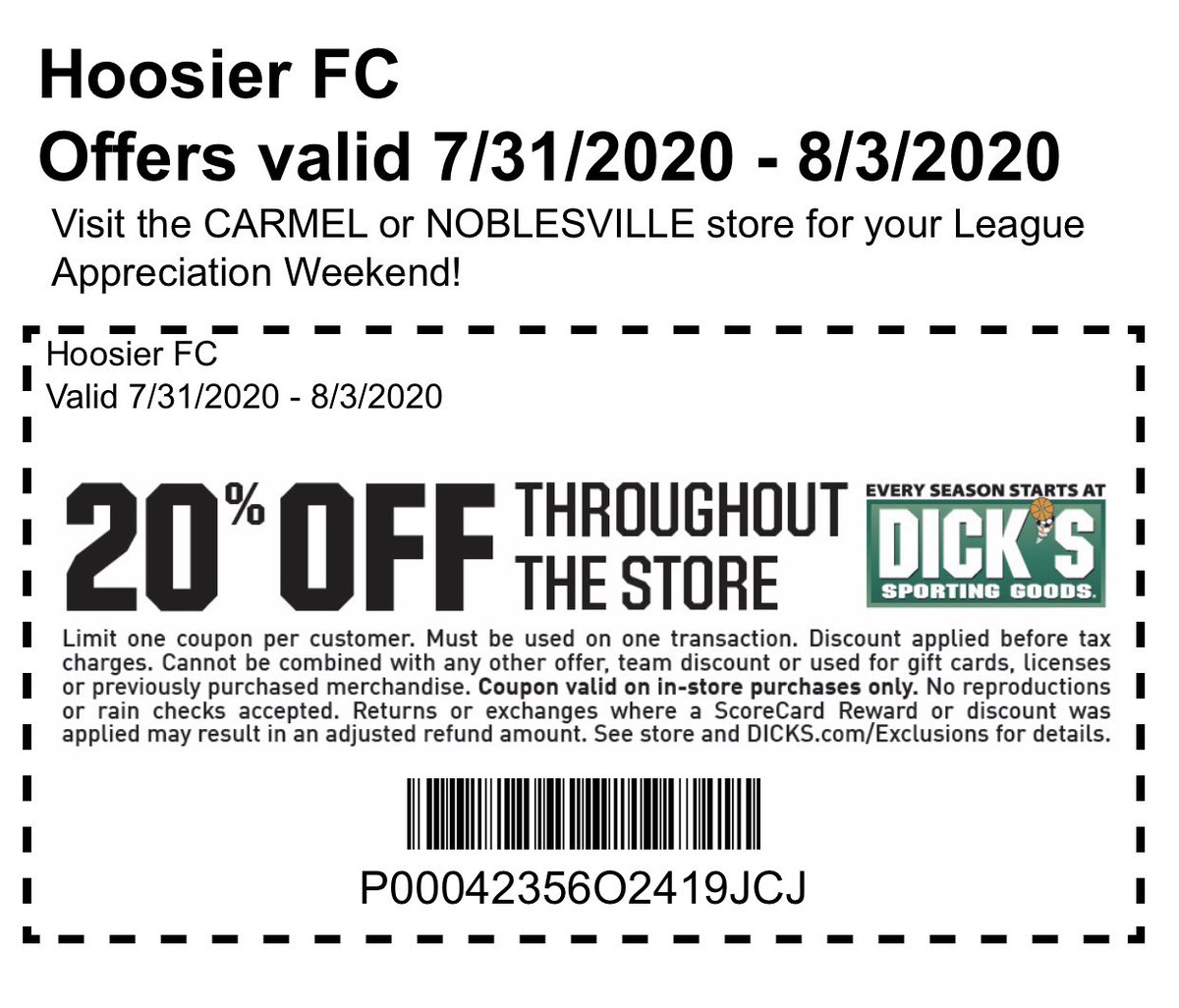 HoosierFutbol's tweet photo. HFC Appreciation Days at @dickssportinggoods 

Time to stock up on equipment ⚽️

Hoosier FC
Offers valid 7/31/2020 - 8/3/2020
Visit the CARMEL or NOBLESVILLE store for your League Appreciation Weekend!

#hfc #hoosierfc #soccer #dickssportinggoods #discount https://t.co/KvqBPg8U1r