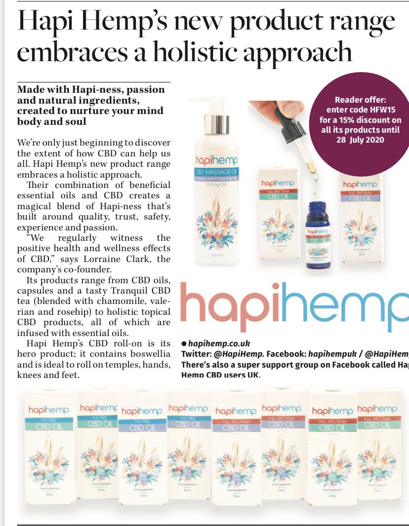 hapipatch's tweet photo. Over the moon to see @hapihempuk featured in the @standardnews health supplement! And loving the #holistichealth approach as that’s important to us #press #pr #cbdpr #cbdproducts #veganhealth #Vegan #naturalwoman #womenempowerment https://t.co/DKbE7iYjlM