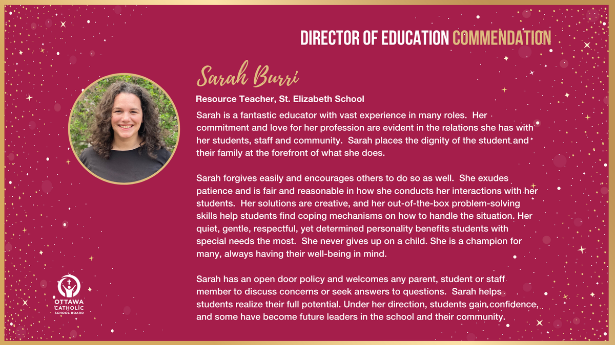 OttCatholicSB's tweet photo. "@msburri has an open door policy and welcomes any parent, student or staff member to discuss concerns or seek answers to questions..." Congratulations Sarah @StElizabethOCSB on your Director of Education Commendation Award! 🎉👏 https://t.co/SSyPYPHTs7 #BeOCSB https://t.co/nvt6lqsUmy