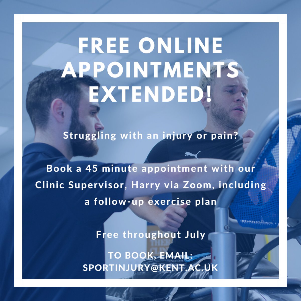 SRCKent's tweet photo. Each appointment will consist of:
🔹️ General advice for improving your current injury or pain. 
🔹️ Harry will demonstrate personalised exercises. 
🔹️ You will receive a follow-up email, with your personalised exercise plan. 
To book, email us on: sportinjury@kent.ac.uk https://t.co/U2StoFfL5M