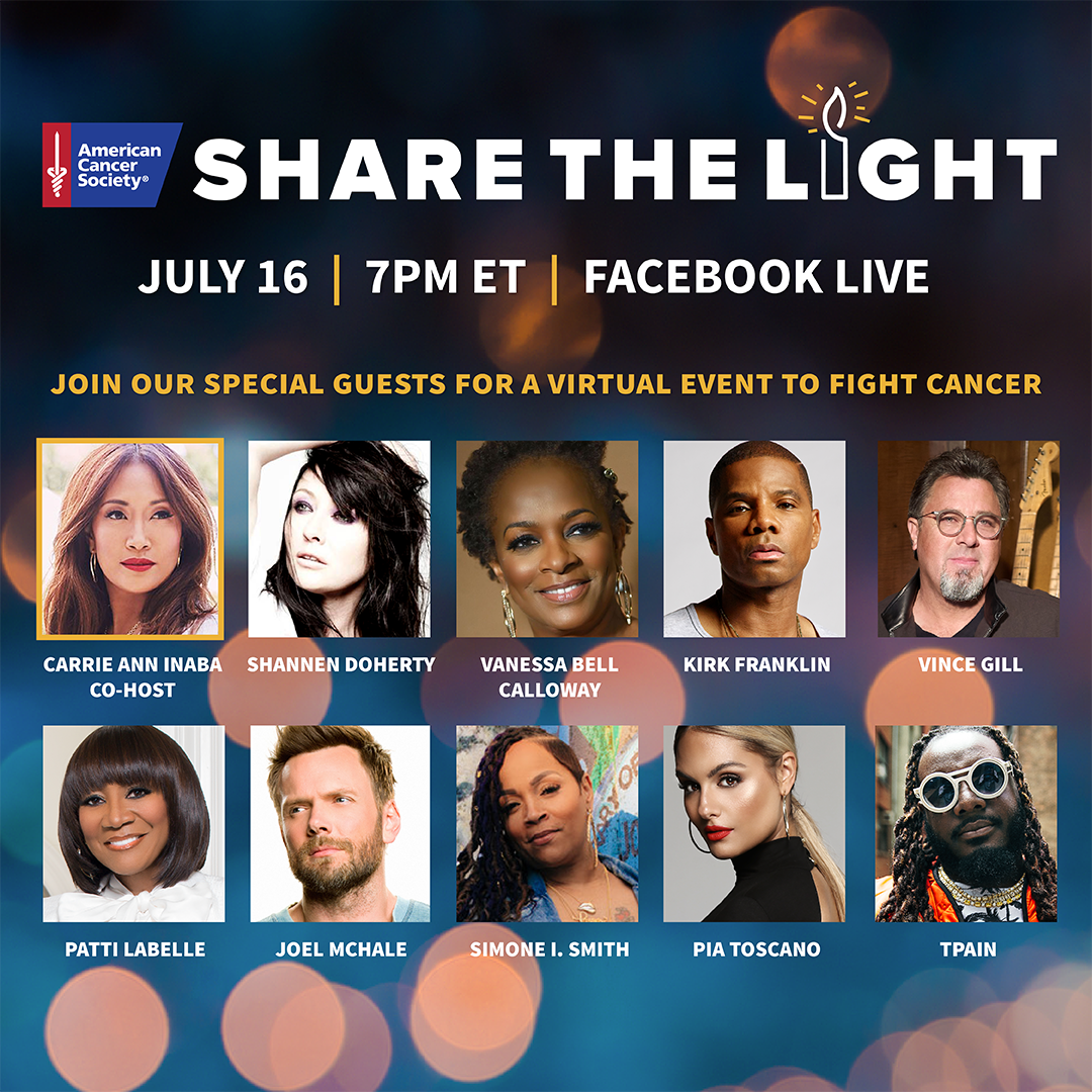 AmericanCancer's tweet photo. Join @MsPattiPatti, @TPAIN, @JoelMcHale co-host @CarrieAnnInaba and more special guests for an evening of inspiration, entertainment and community! https://t.co/4zwedJHO6k #ShareTheLight https://t.co/Uh8hUPE3vE