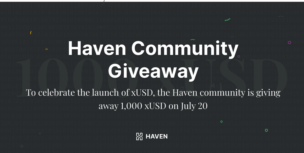 HavenXHV's tweet photo. To celebrate xUSD launch, the Haven community is giving away 1,000 xUSD to a lucky winner!

Rules:

1. Follow @HavenXHV
2. Retweet + reply explaining why you'll be using the first private stablecoin
3. 1 winner randomly chosen by @RetweetPicker on July 20 will receive 1,000 xUSD https://t.co/aUKTqOFeru