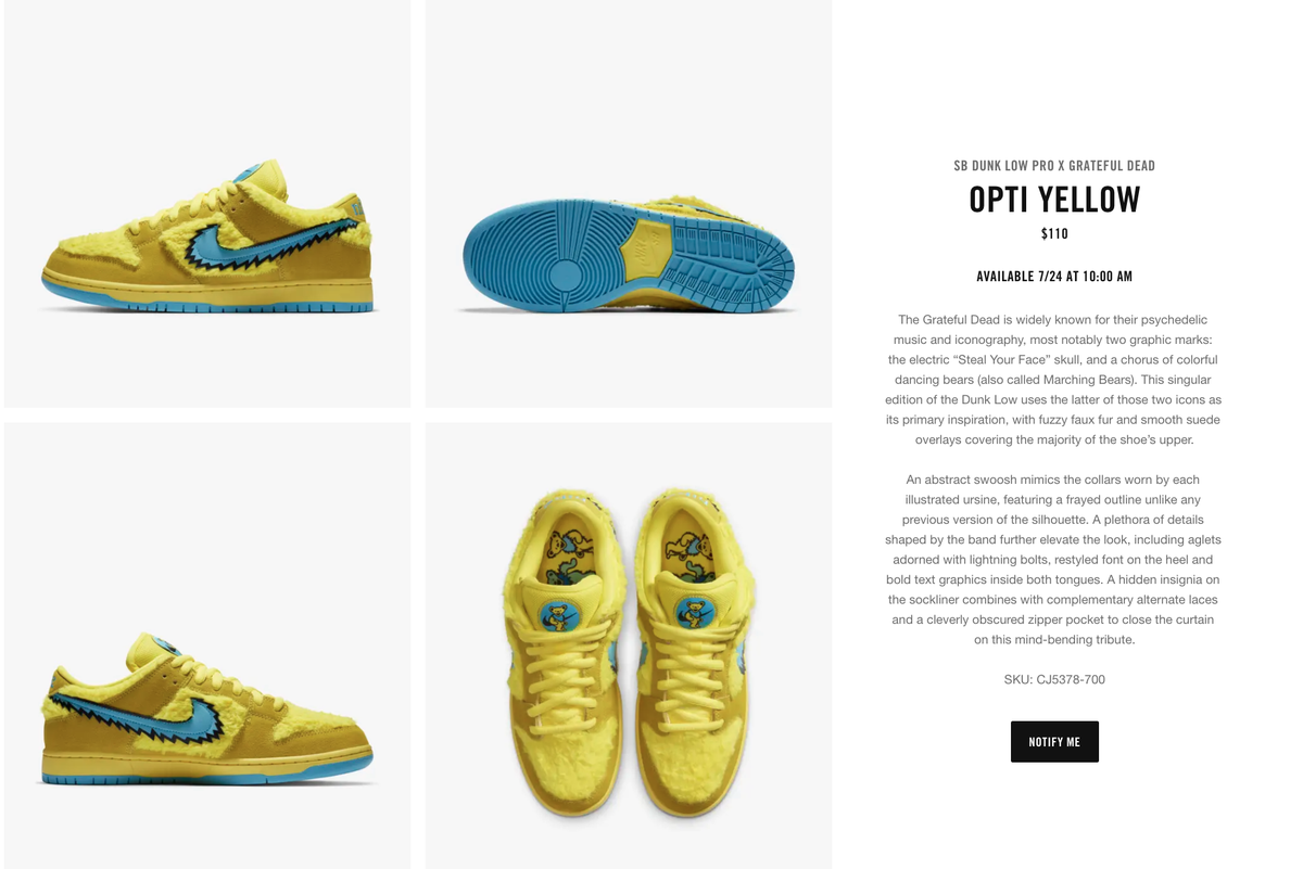 nike sb dunk low pro x grateful dead opti yellow