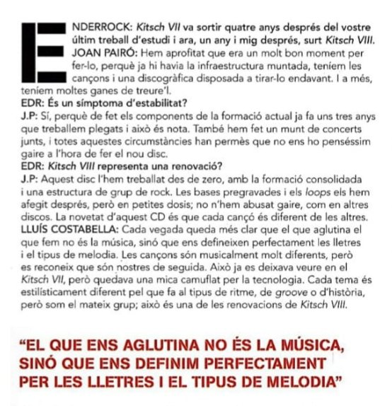 Kitsch_oficial's tweet photo. Entrevista al n°98 de la revista Enderrock (2003)
"No ens queda ja cap lloc
i tots hem pagat el preu...
¿Cal acceptar absurdament
anar caient en desgràcia,
derrotar ombres del passat
quan tot està maleït?"
#kitsch #2003 #enderrock #kitsch8 https://t.co/XdtS8njO7b
