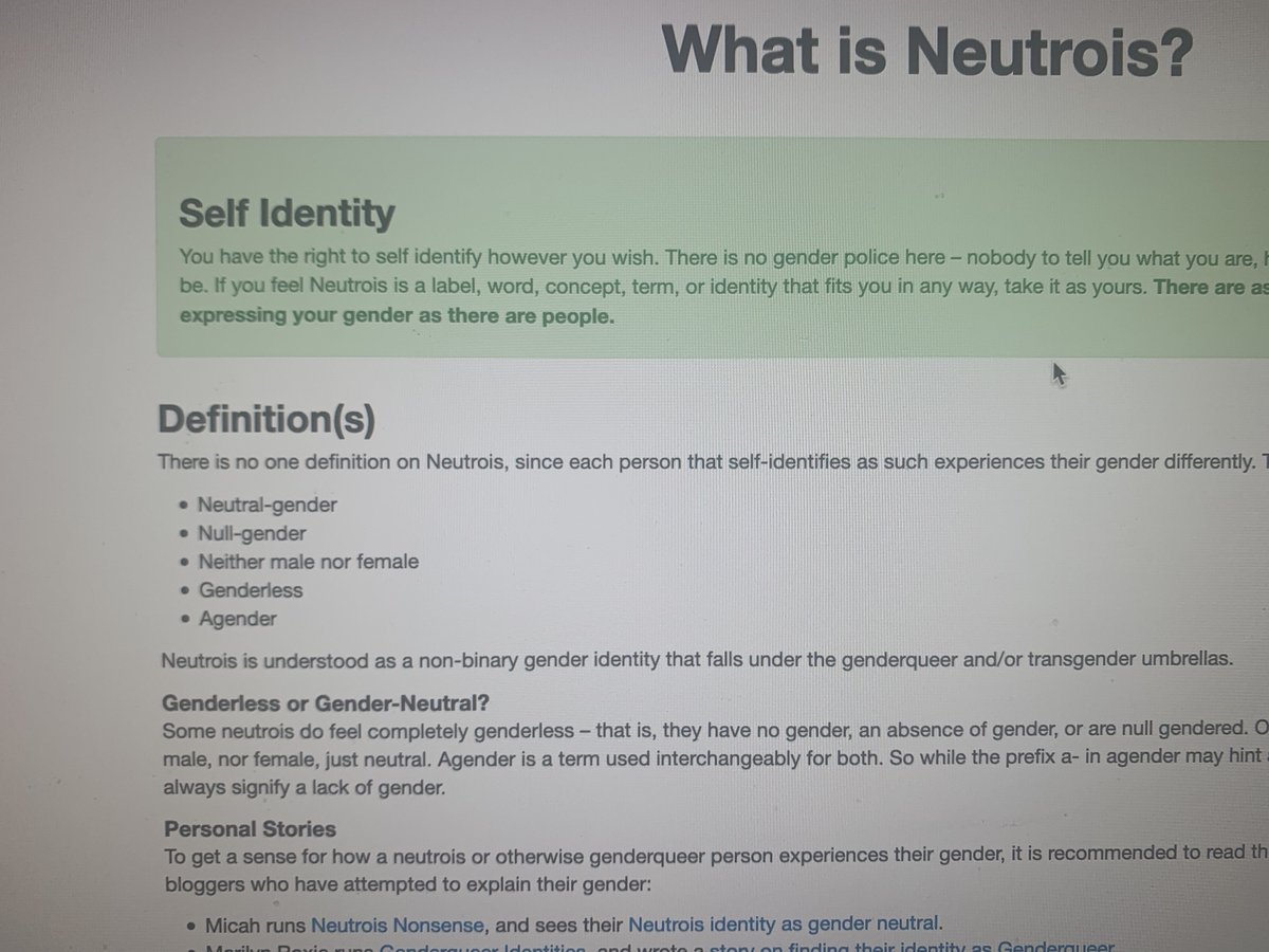 17./ Now the huge multifarious trans umbrella advocated by Stonewall includes some identities such as neutrois that used to be on the fringes. Here's a neutrois group's own definition of their identity which includes people called null-gender. 