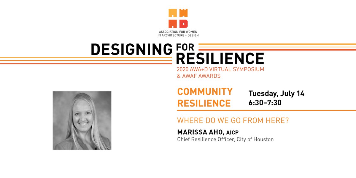 AWAplusD's tweet photo. Tonight! Register Now!
Designing for Resilience: Community Resilience Part 2: Where Do We Go From Here?
Marissa Aho, Chief Resilience Officer, City of Houston
7/14 at 6:30 pm - 7:30 pm
Cost: Free
Register: https://t.co/zhN2s5IdSF
#AWAD #VirtualSymposium #2020Symposium #AWAF https://t.co/0xZDkX0R76