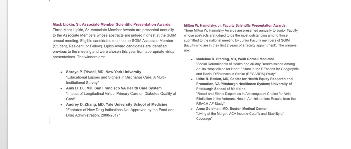 @SocietyGIM Awards = amazing emerging leaders Are there any other conferences where so many key issues faced by our patients are so well represented? ✅Gaps in care ✅Virtual care ✅Health disparities ✅Social determinants of health ✅High cost drugs Hats off to all!