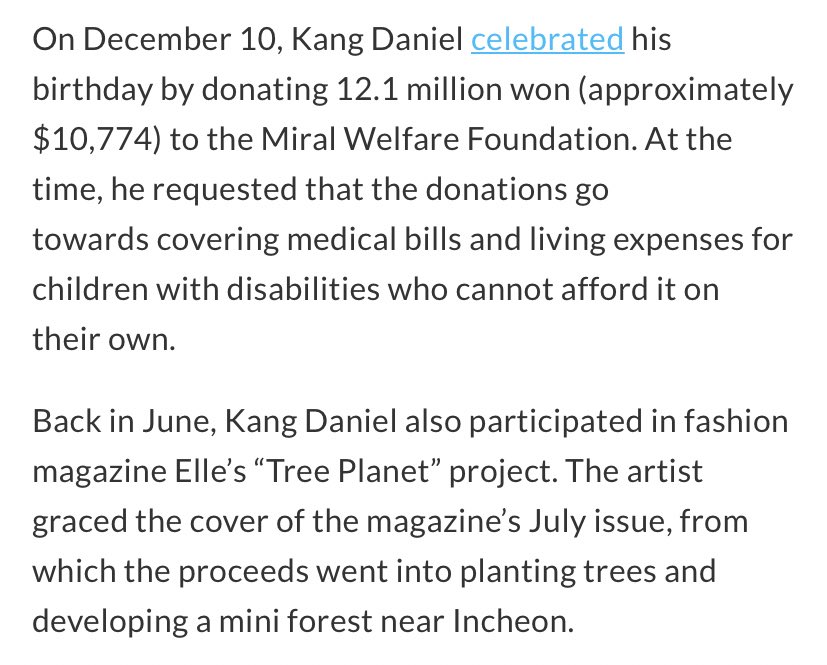 Kang Danielthe former member of Wanna One donates to many charities and has been crowned the charity fairy of kpop. he openly donates and encourages fans to help out many korean and international causes.