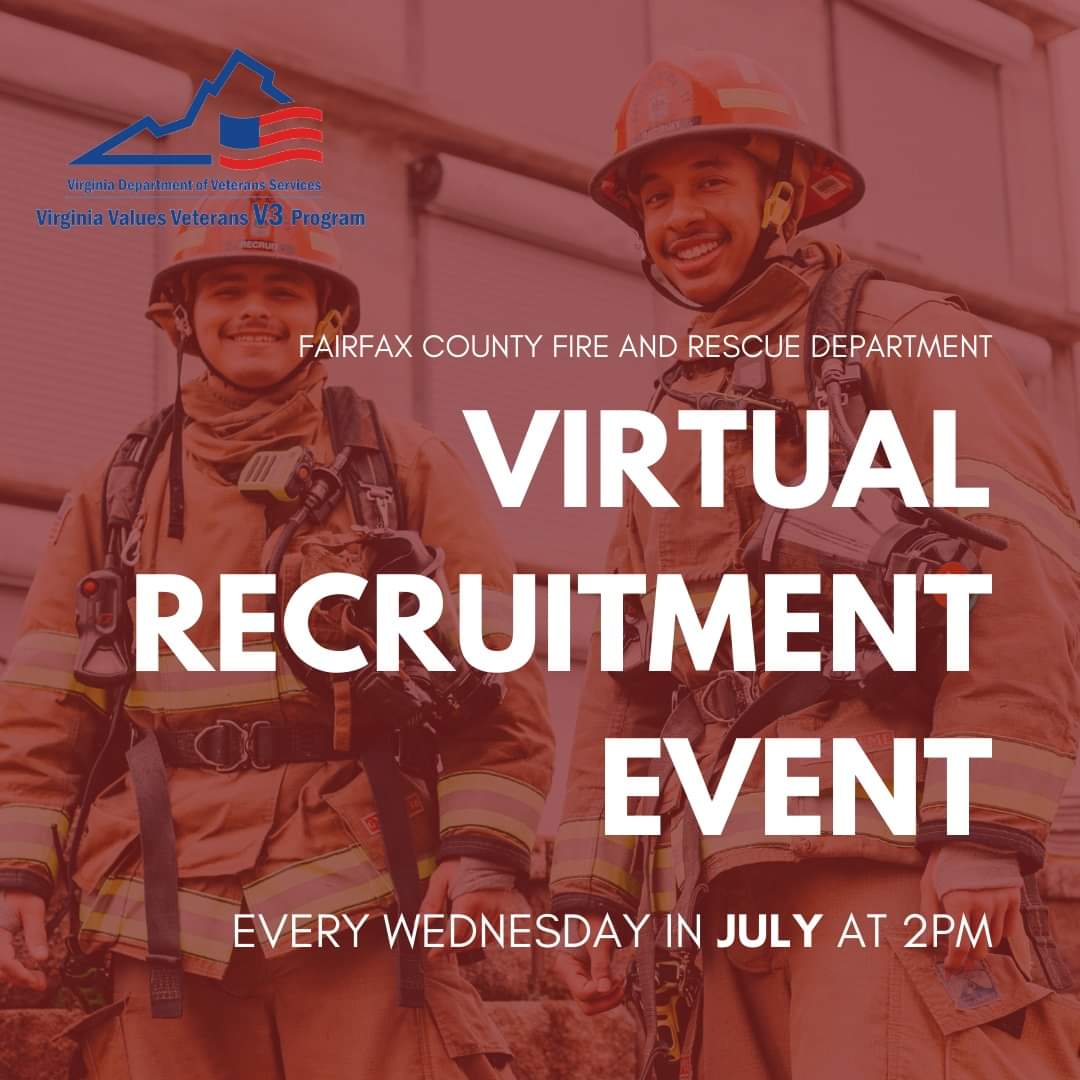 FFX_Fire_Women's tweet photo. Every Wednesday in July at 2 pm (EST). #FCFRD would like to invite you to meet with a recruiter virtually to discuss your new career! A dynamic career where you can make an impact on your community! Register here: https://t.co/olm7Vk6Vfc
   #JoinTeamFCFRD VETE Services https://t.co/2vQclSFr0p