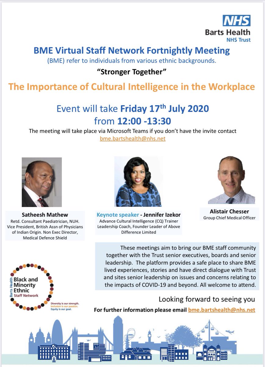 This weeks BME Staff Network focuses on The Importance of Cultural Intelligence in the Workplace <a href="/JenniferIzekor/">Jennifer Izekor</a>. All staff welcome to attend. There’ll also be tributes to Dr Satheesh Mathew to appreciate him for the commitment at Barts Health &amp; the staff network as he retires.
