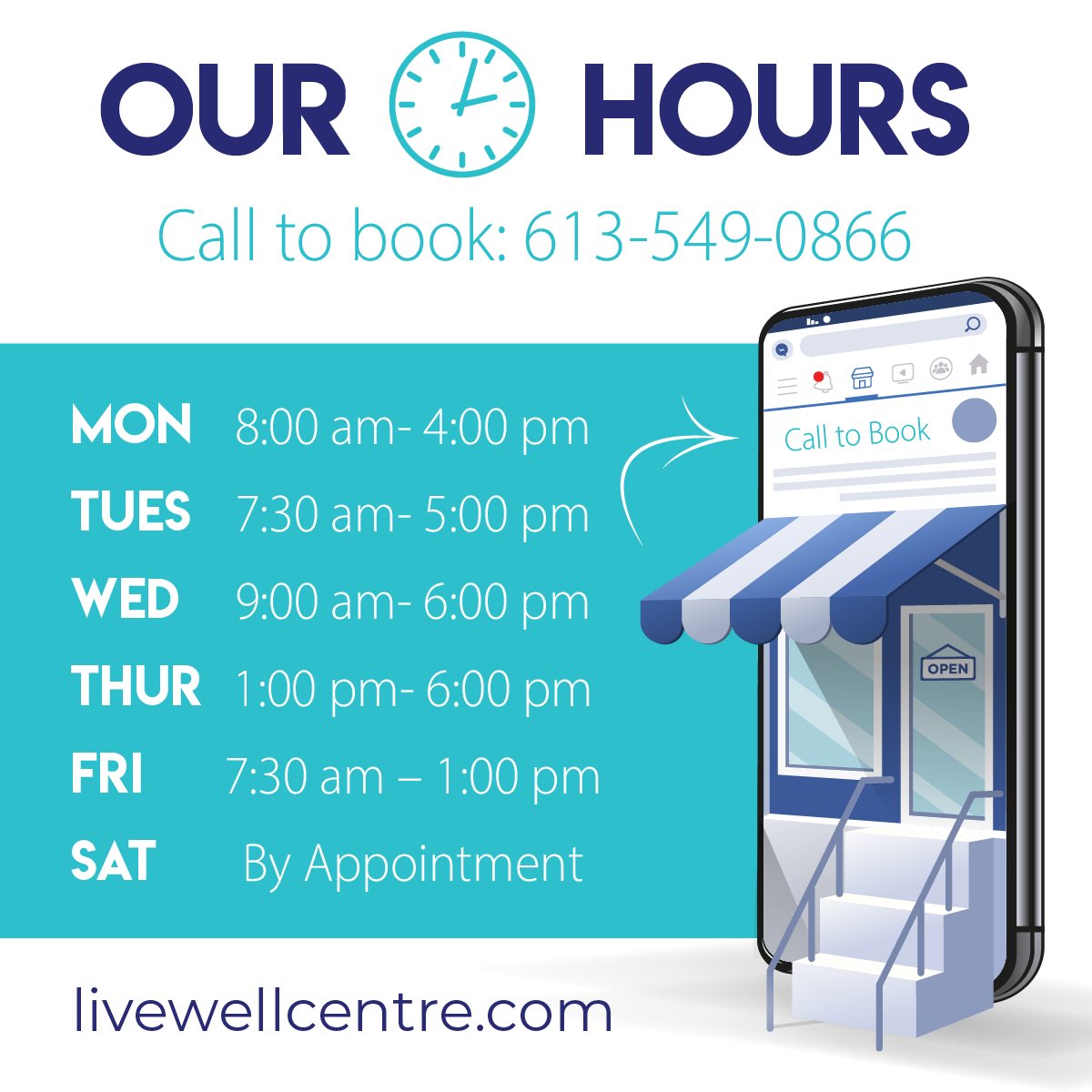 LiveWellCentre's tweet photo. We’re OPEN: 

Mon 8 - 4 pm
Tues 7:30 - 5 pm
Wed 9 - 6 pm
Thurs 1 - 6 pm
Fri 7:30 – 1 pm
Sat by appointment

We want to help you maintain a healthy lifestyle free from pain. Please call our office at 613-549-0866 to schedule your next appointment.

#ygk #chiro https://t.co/04mrt7CsBV