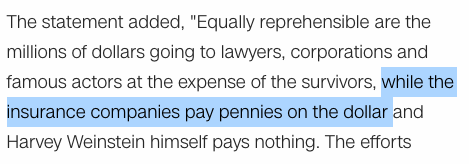 DJAngier's tweet image. I say again the thing that blows me away is that the insurance cos are paying a single dime of this settlement at all. Still don't understand why there wouldn't be rock solid exclusions for the kind of egregious acts Weinstein committed.

#DandOinsurance

cnn.com/2020/07/14/us/…