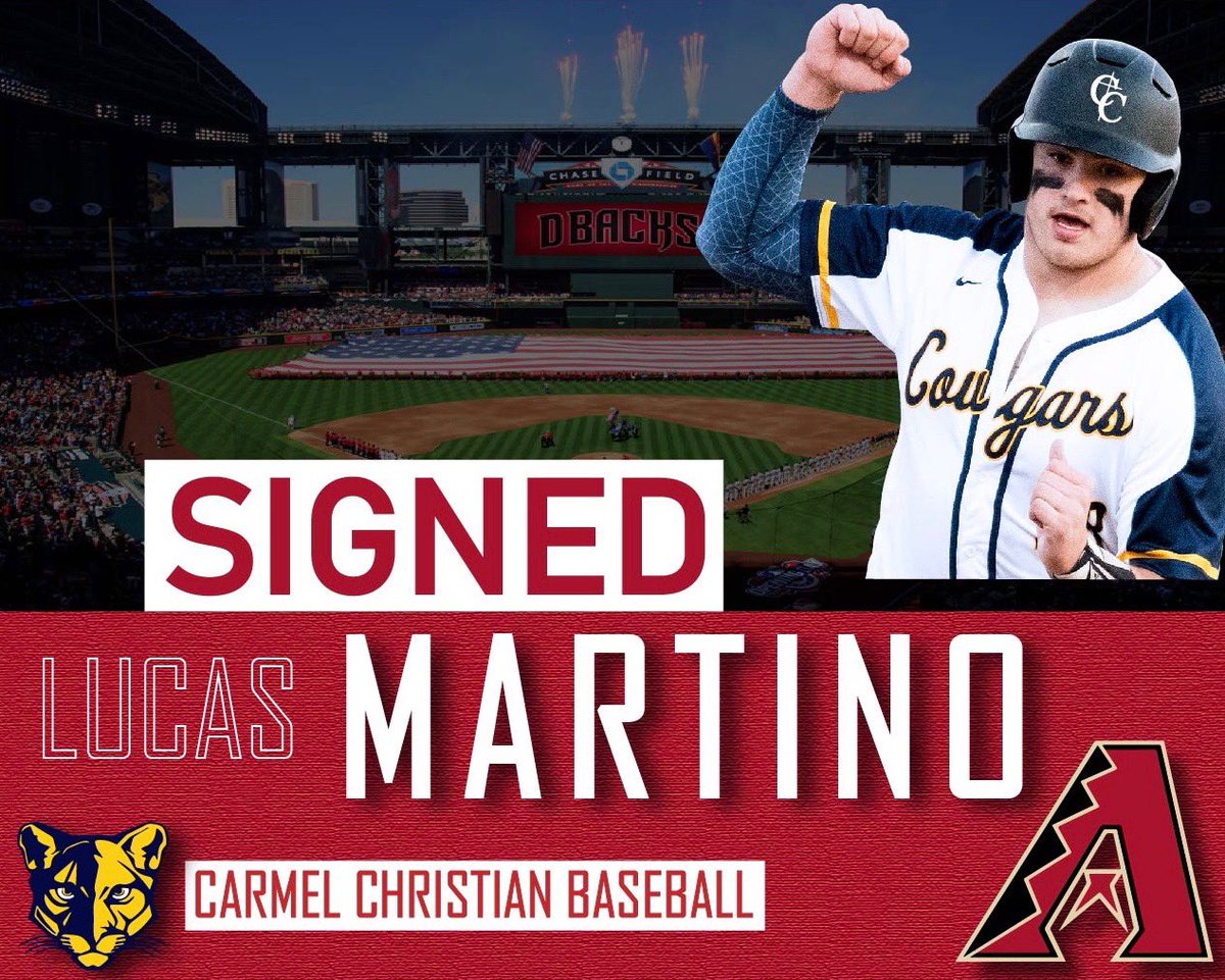 cquez10's tweet photo. Incredibly excited to announce our very own  Carmel Christian baseball player Lucas Martino has signed with the Arizona Diamondbacks 
@lucasma84904560 @CCSCougarSports https://t.co/72mIRHyUe2