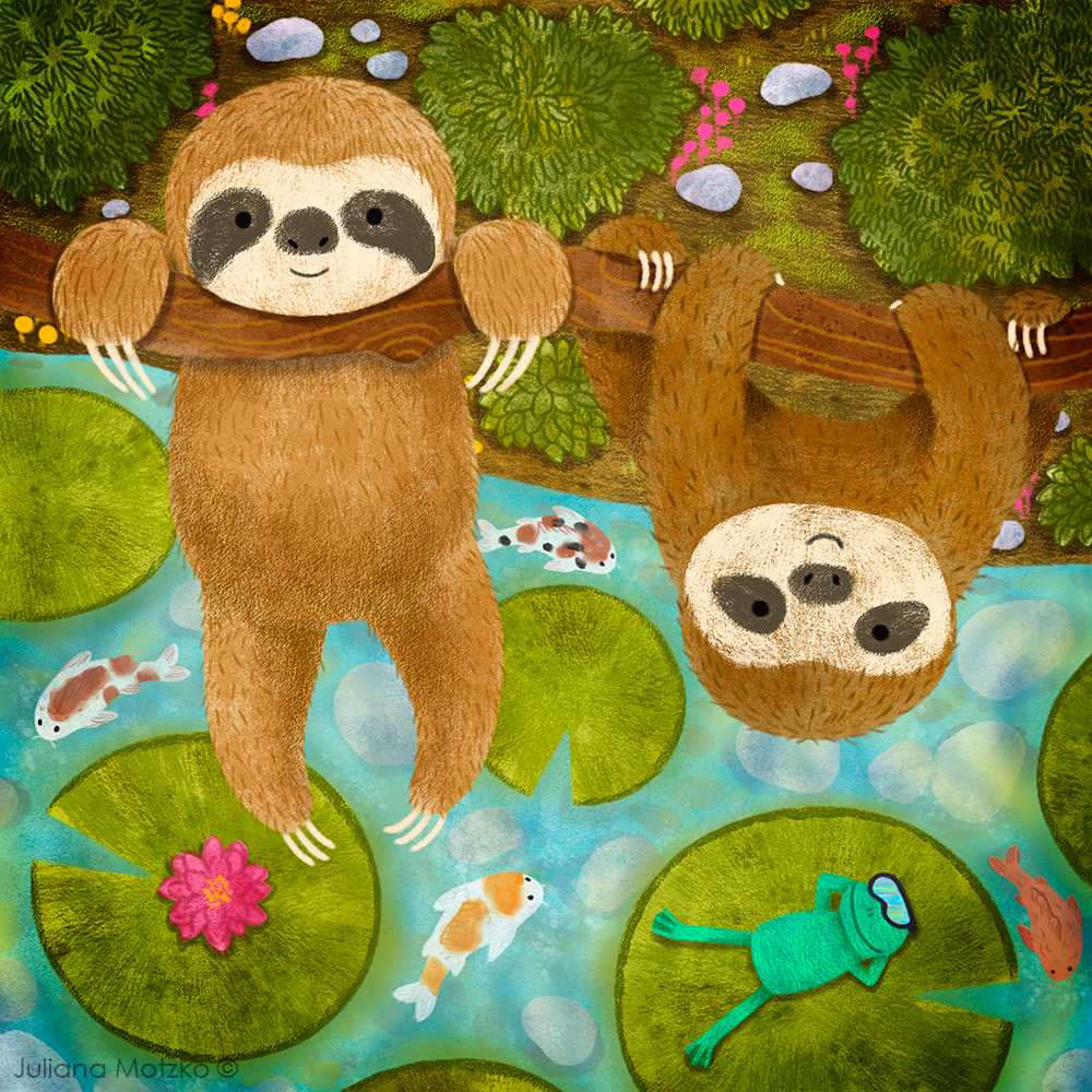 Lazy Time🦥🦥
#sloth #nature #cute #cuteness #frog #animals #forest #jungle #fishes #koifish #kidlitart #kidlitartist #childrenillustration #kidspublishing #nature #illustrator  #picturebook #illustration #animalsillustration #boardbook #illustrationforkids  #JulianaMotzko