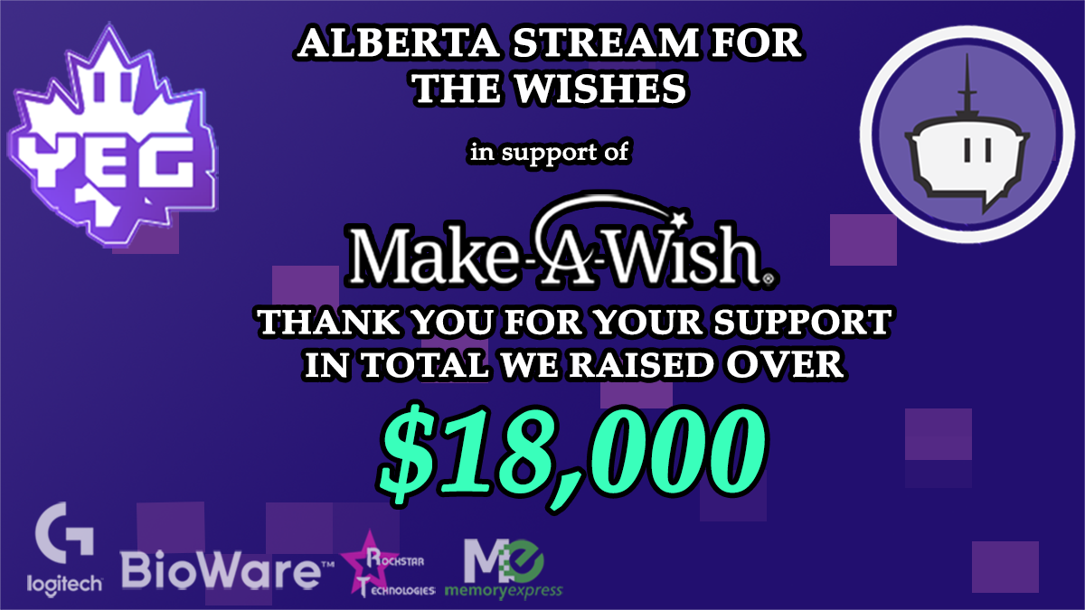 TwitchCalgary's tweet photo. You helped us raise over $18K for @MakeAWishCA
Huge Shout out to sponsors, streamers and the hard working volunteers tirelessly behind the scenes
Without all of you, none of this would have happened. Thank you for the love and support
#ABSFTW #Streamyyc
@bioware @AdmiralMaul https://t.co/doyDPEDkiu