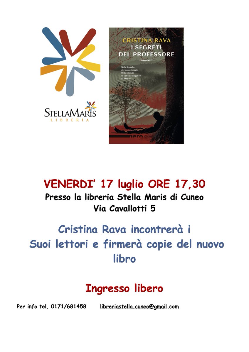 CristinaRava's tweet photo. venerdì 17 a #Cuneo. Si parlerà de 'I segreti del professore', ma non soltanto, anche di un mondo di emozioni, di omissioni, silenzi e imbrogli che legano il mare alla terra. Grazie alla #LibreriaStellaMaris, sempre in pole position. Grazie #Cuneesi, umani e al rum! https://t.co/PrcU7OXbrJ