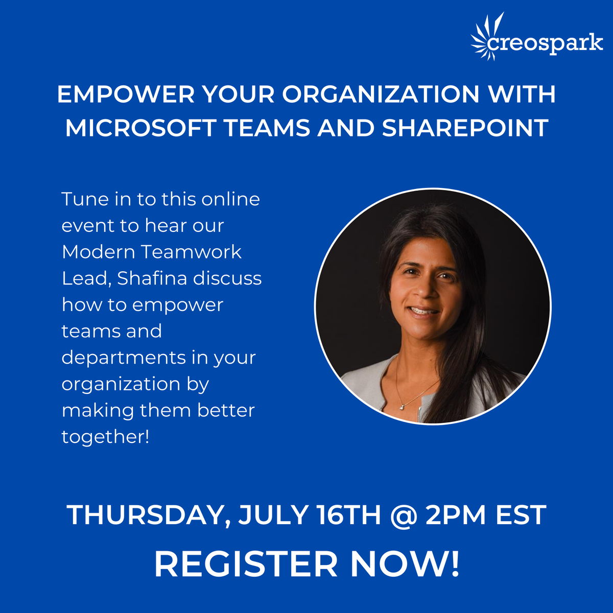 creospark's tweet photo. Tune in to this virtual event this Thursday to hear our Modern Teamwork Lead, Shafina discuss how Microsoft Teams and SharePoint can better your business! Register now! https://t.co/TgAkQco6Q0 #ModernTeamwork #MicrosoftTeams #SharePoint #Tech #Business #ITConsulting https://t.co/wVRKzx9GGN