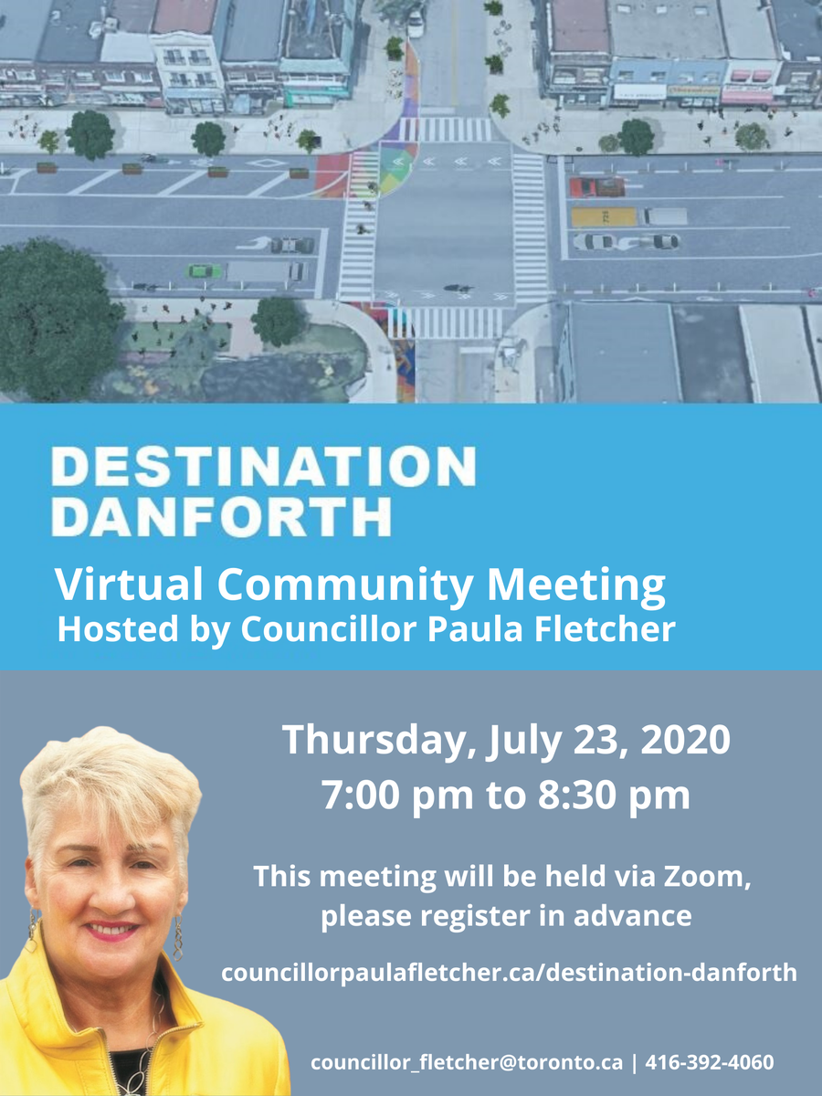 PaulaFletcherTO's tweet photo. Join my #DestinationDanforth Virtual Community Meeting on July 23 to learn more about this exciting project. Please register in advance.

Danforth from Broadview Ave to Dawes Road will be temporarily transformed this summer - work is beginning this week.

https://t.co/MeroVihBfq https://t.co/kvJLirXU7P