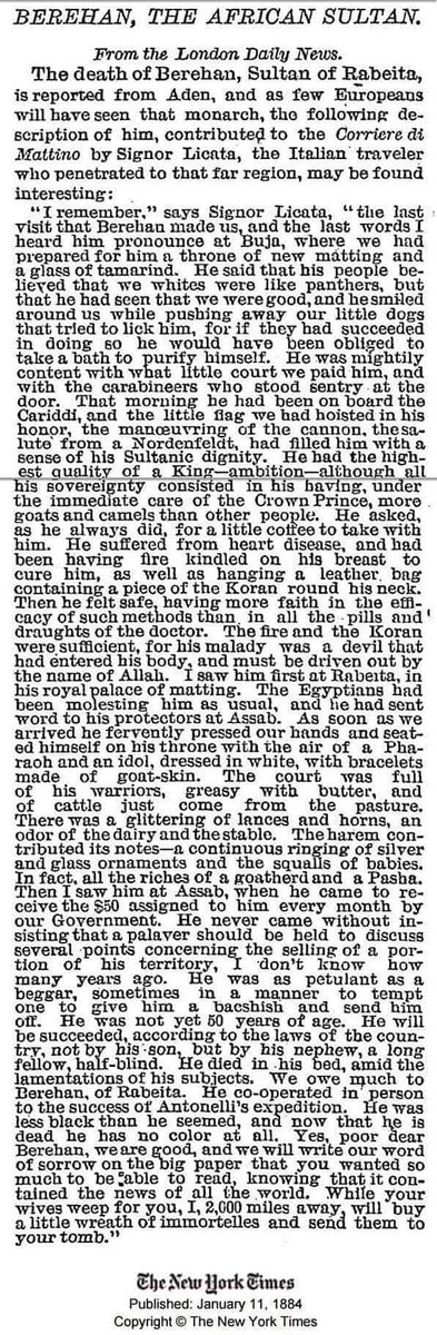 DANKALIYA1's tweet photo. # New York-Times Le 11 janvier 1884 rapporte la mort du sultan Burhan bin Muhammad Sultan Sultan de Rahaita, Afriya, qui a déménagé à côté de la déesse d'alors à Aden, au Yémen https://t.co/zUwn1FWfzc